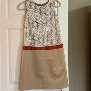 Lace top sheeny tan bottom dress
